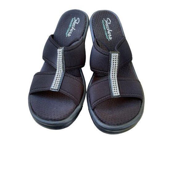Skechers Sandals Womens Slip On Wedge Heel Strap bling Memory Foam Size 9 - Picture 2 of 7